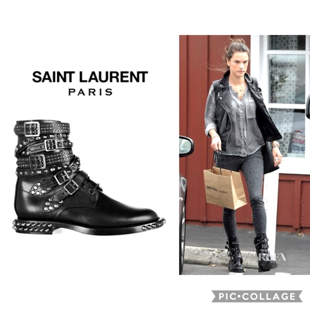 Saint Laurent Ranger Black Leather Spikes Boots 38